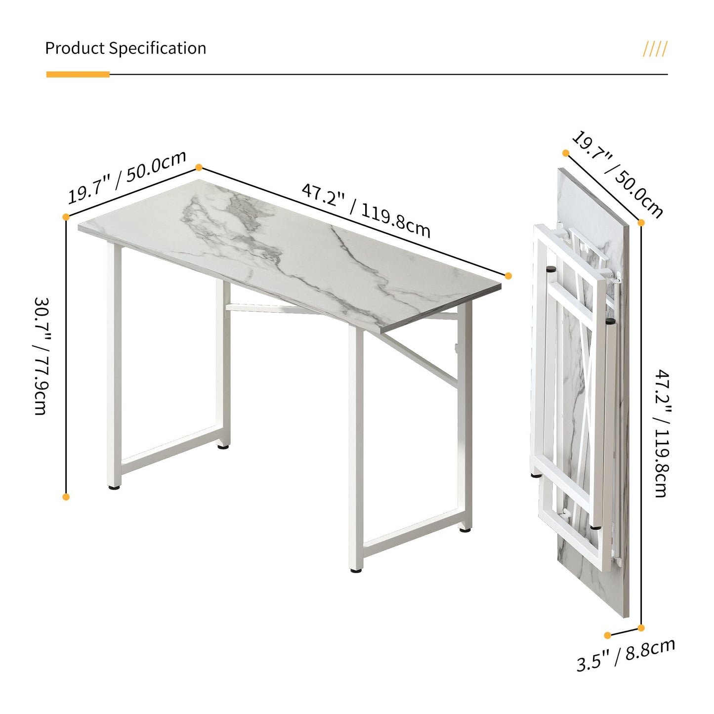 Lutown-Teen Folding Desk 120 cm No Assembly Required, White Marble