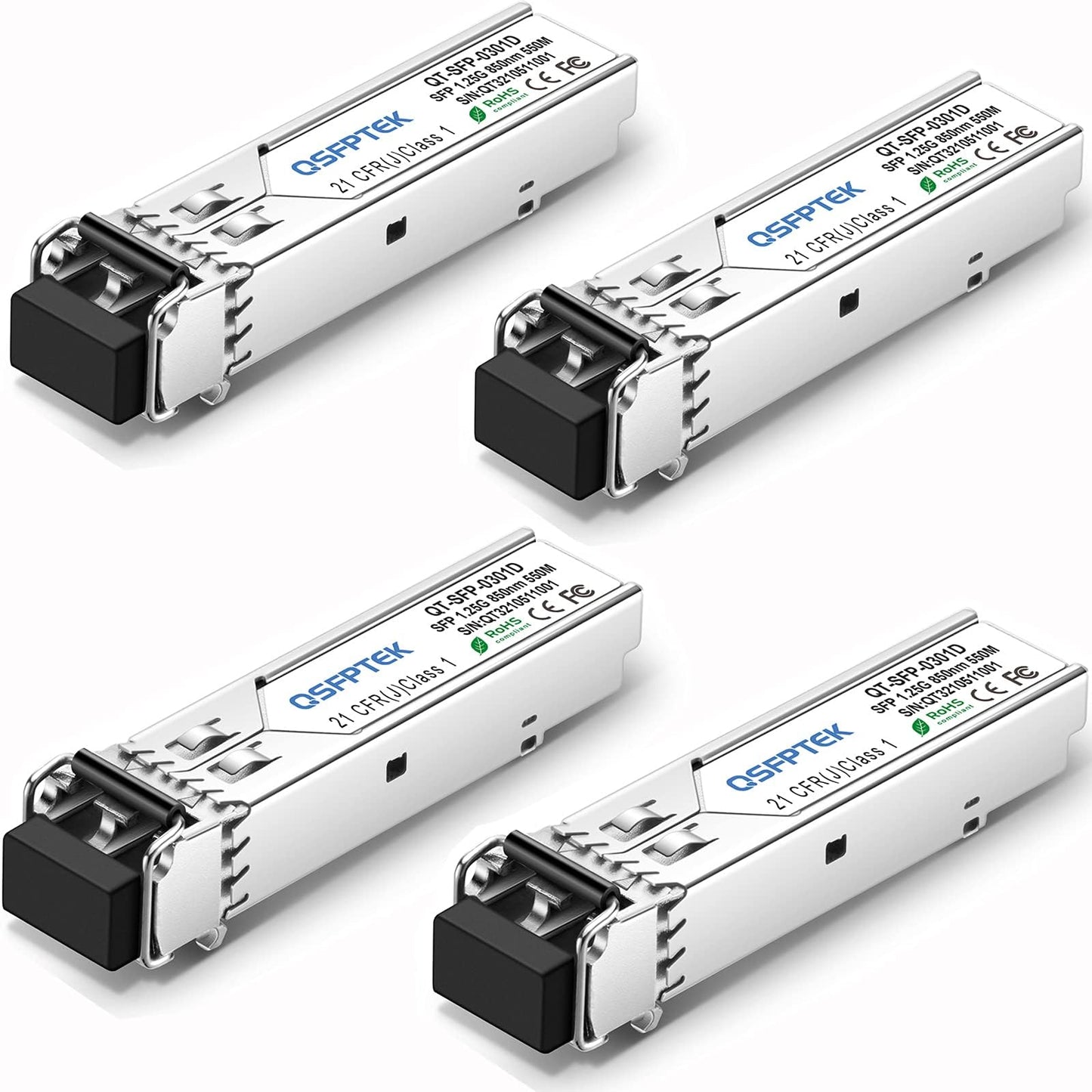 QSFPTEK 4Pack 1000Base-SX Transceiver Gigabit Multimode SFP to LC Module, MMF 850nm,550m,DOM, Mini-GBIC for Cisco GLC-SX-MMD, Meraki MA-SFP-1GB-SX,