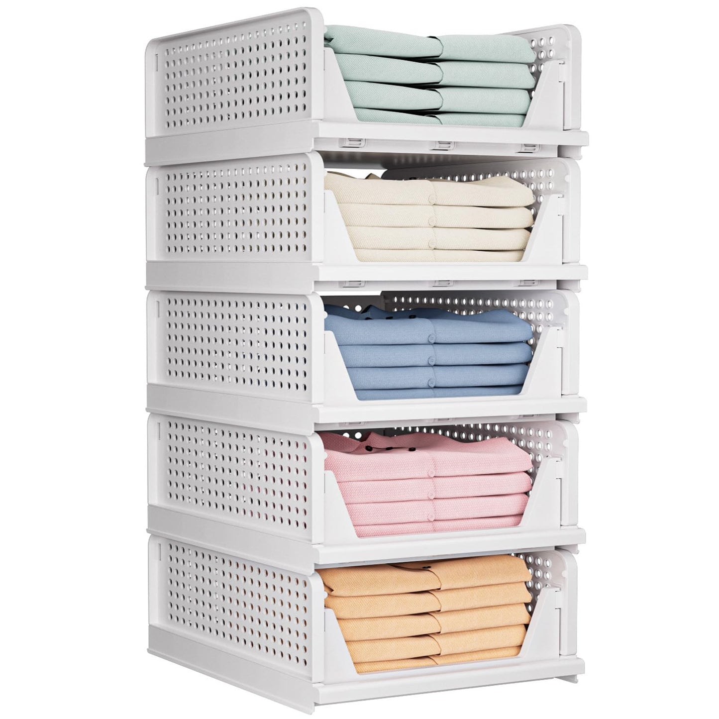 TidyIsles Wardrobe Storage Organiser - 5 Pack Folding Closet Organisers, Stackable Storage Boxes, Plastic Drawer Organiser Basket for Bedroom Kitchen