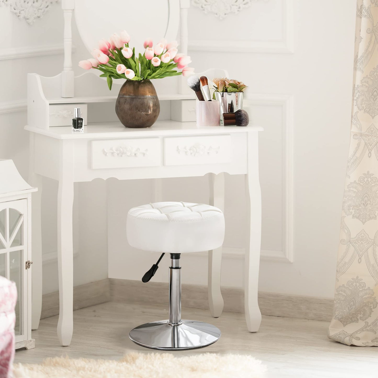 LUE BONA 360°Swivel Vanity Stool, Adjustable Dressing Table Stool, Tufted Design Faux Leather Chair for Dining Room, Living Room, White