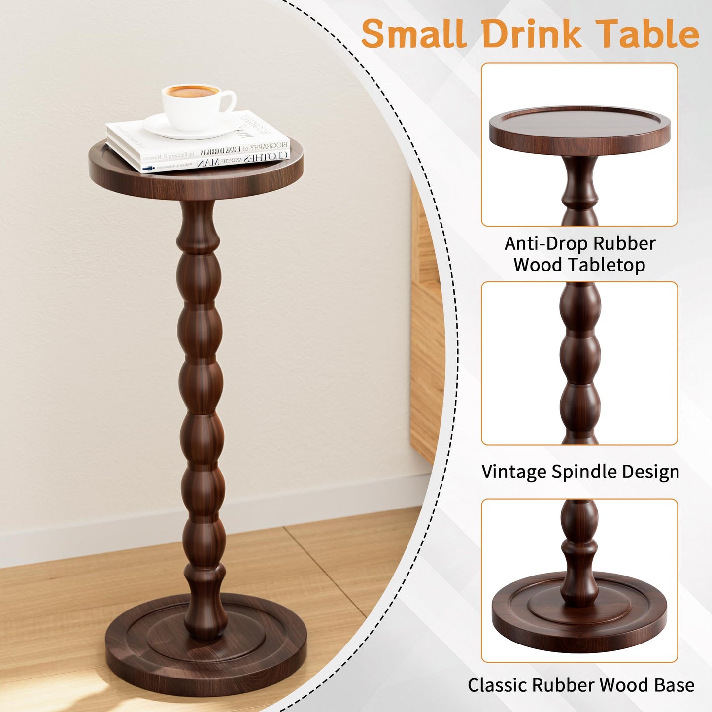 Caossuixin Wooden Round Side Table, Round Bar Table, Small End Table-Walnut