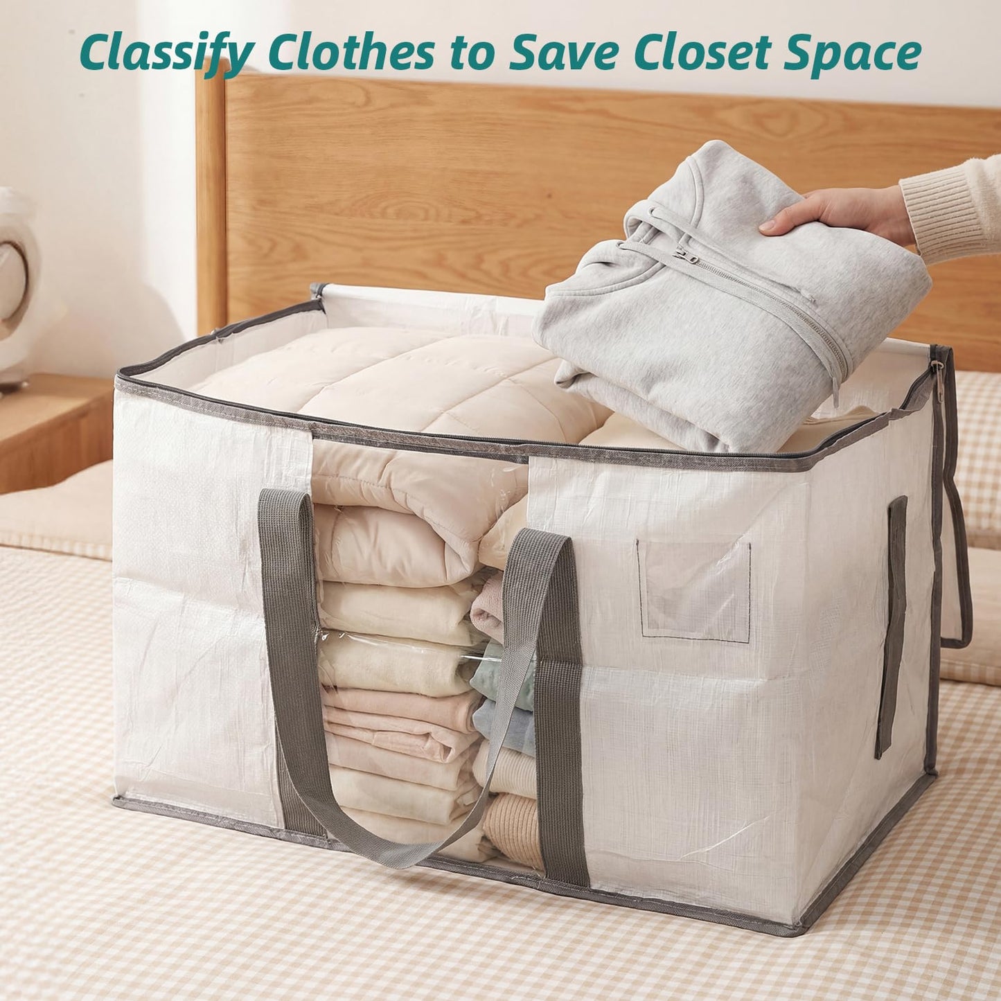 RLAVBL 90L Storage Bags with Zips 4 Pack, Heavy Duty Large Moving Bags with Handles and Label Pocket, Clear Window Packing Laundry Bags for Clothes