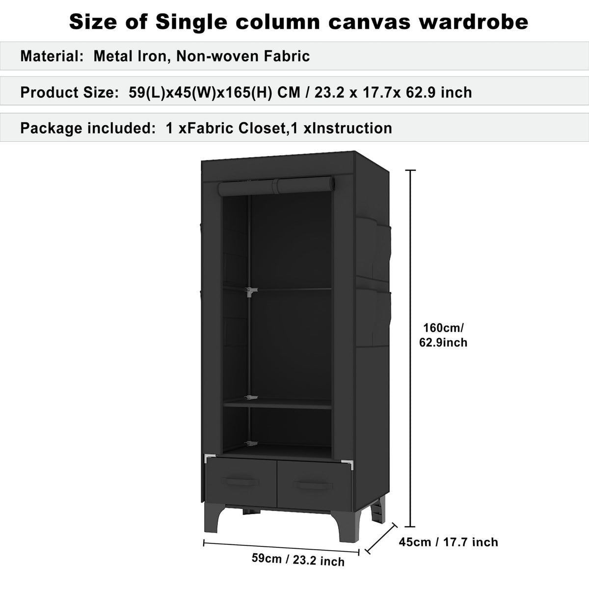 OPPAIYA Canvas Wardrobe, Temporary Wardrobe With Hanging Rails, 2 Shelves, 8 Side Bags & 2 drawer
