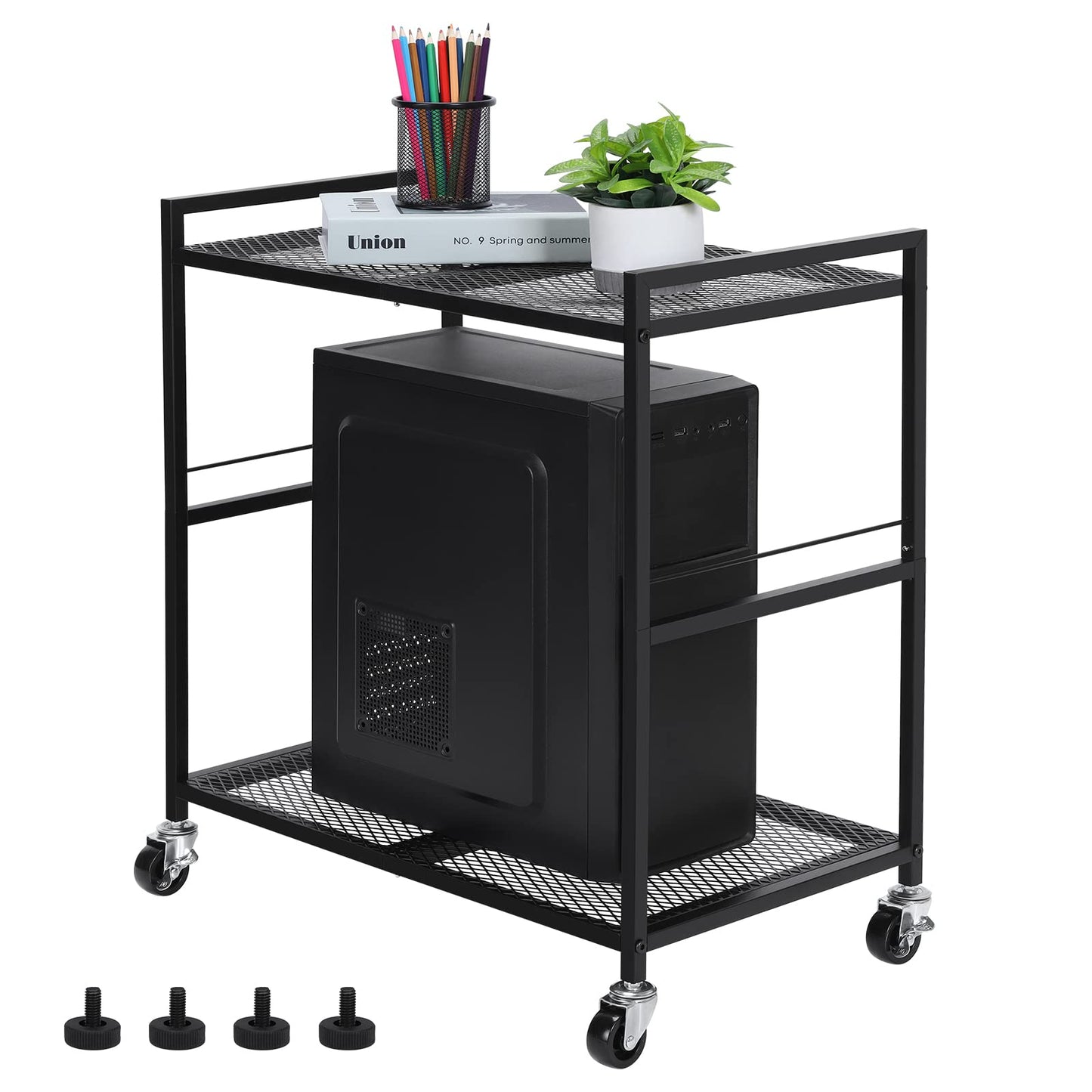 YBING Computer Tower Stand, PC Tower Stand Metal Mobile CPU Holder Stand Cart with Caster Wheels 2 Tier Rolling Printer Cart Under Desk for Fax Home