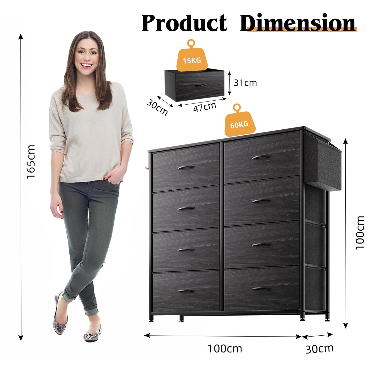PURFINO Fabric Chest of Drawers - Canvas Storage Unit with 8 Large Drawers, Label Cards, Side Pocket & Hook for Living Room, Hallway, Bedroom