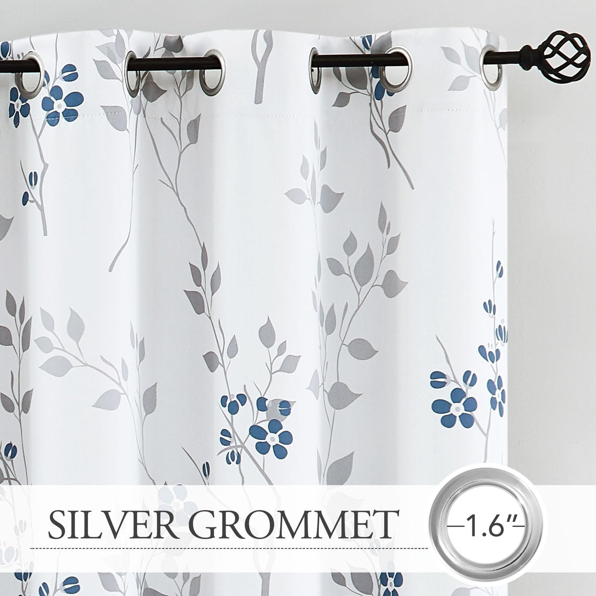 Beauoop Blue Grey Floral Blackout Curtains for Bedroom Living Room 54 Inch Drop Leaf Print Eyelet Curtain Botanical Thermal Insulated Noise Reducing