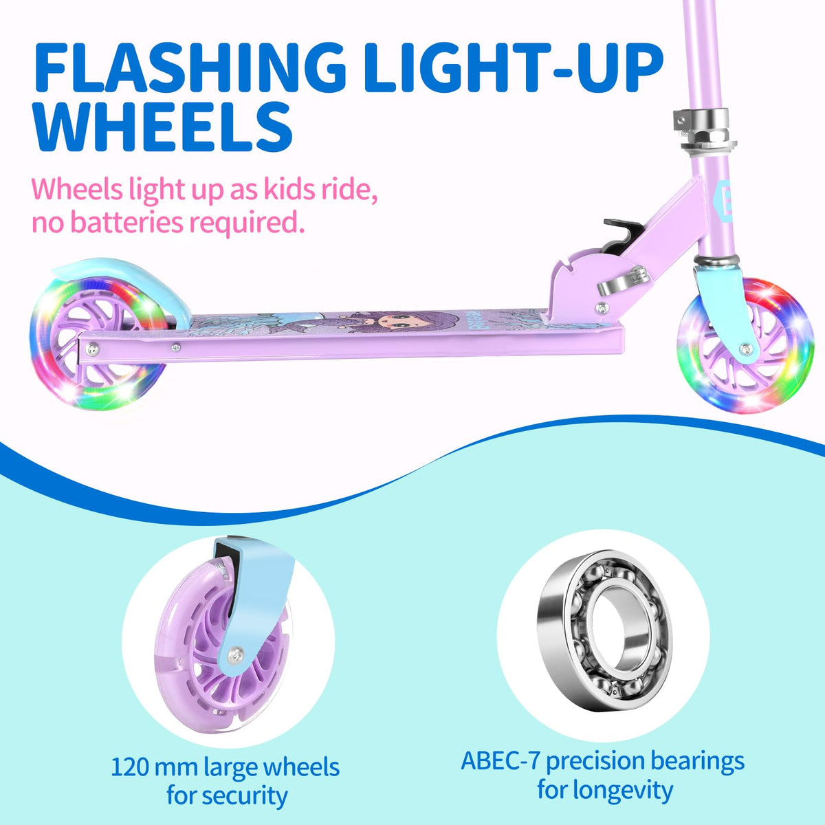 BELEEV V1 Scooter for Kids, 2 Wheels Folding Kick Scooter for Children Girl and Boys, 3 Adjustable Height, Flashing Light up Wheels, Lightweight