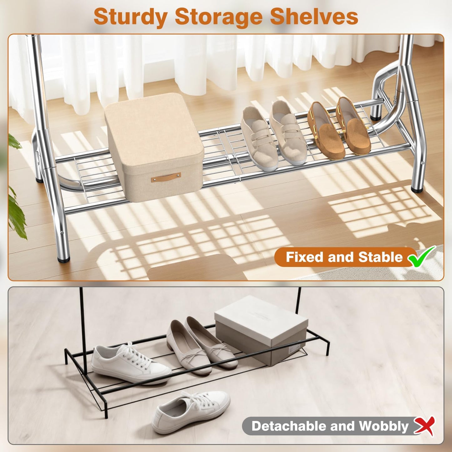 EAGMAK Double Clothes Rail Heavy Duty Load 280 KG, with Shelves, Silver