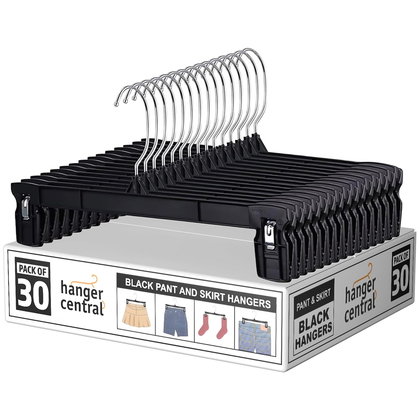 Hanger Central 30 Pack Space Saving Heavy Duty Slim Plastic Trouser Hangers Ribbed Non-Slip with Clamp Clips 360 Swivel Chrome Swivel Hook 10/12/14