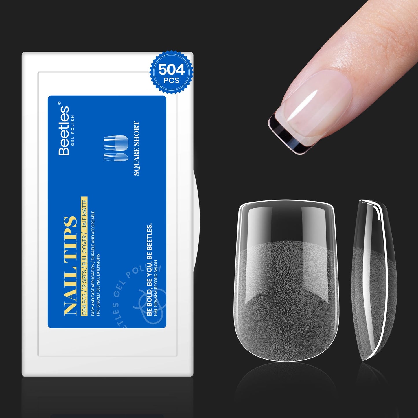 Beetles XS Short Square Nail Tips - 504 Pcs, 12 Sizes, Half Matte Etch, Full Cover False Nails for Gel Polish Nail Art Design, Glues Needed