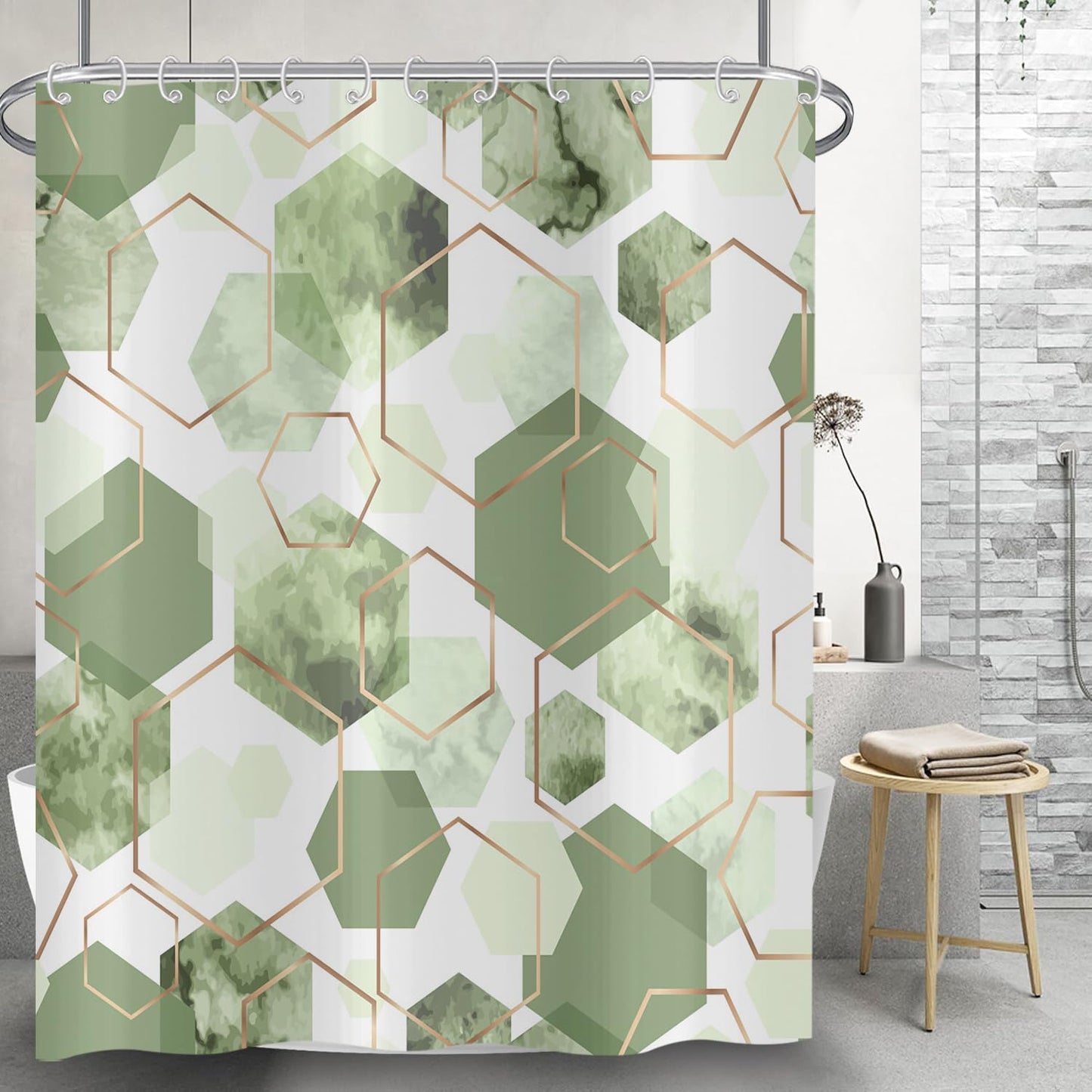 Hnmdmyi Sage Green Shower Curtain 180x200, Modern Geometric Hexagon Abstract Art Bathroom Curtains Waterproof Polyester Fabric Washable Bath Curtains