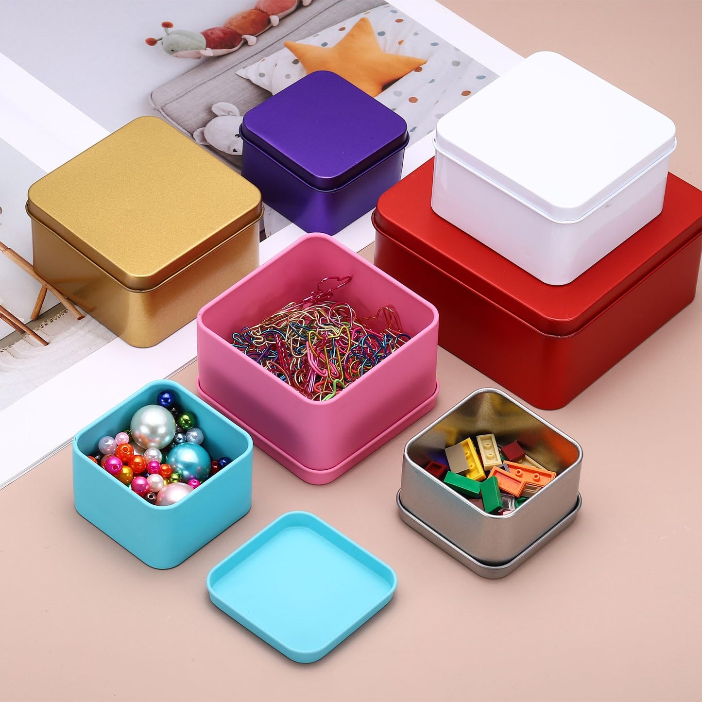 sourcing map 2Pcs Metal Tin Box, 2.4x1.5 Square Empty Tinplate Containers with Lid Portable Storage Box Candy Jars for Valentine's Day