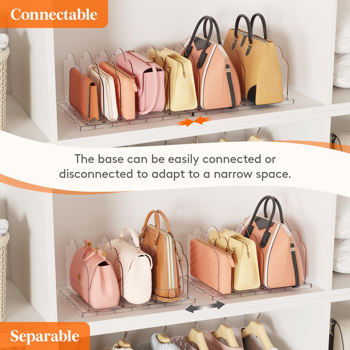 Lifewit Adjustable Handbag Organiser for Wardrobe, 18.5 cm Tall Clear Plastic Purse Organiser for Closet, 3 Pack Bag Shelf Divider in Bedroom/Closet