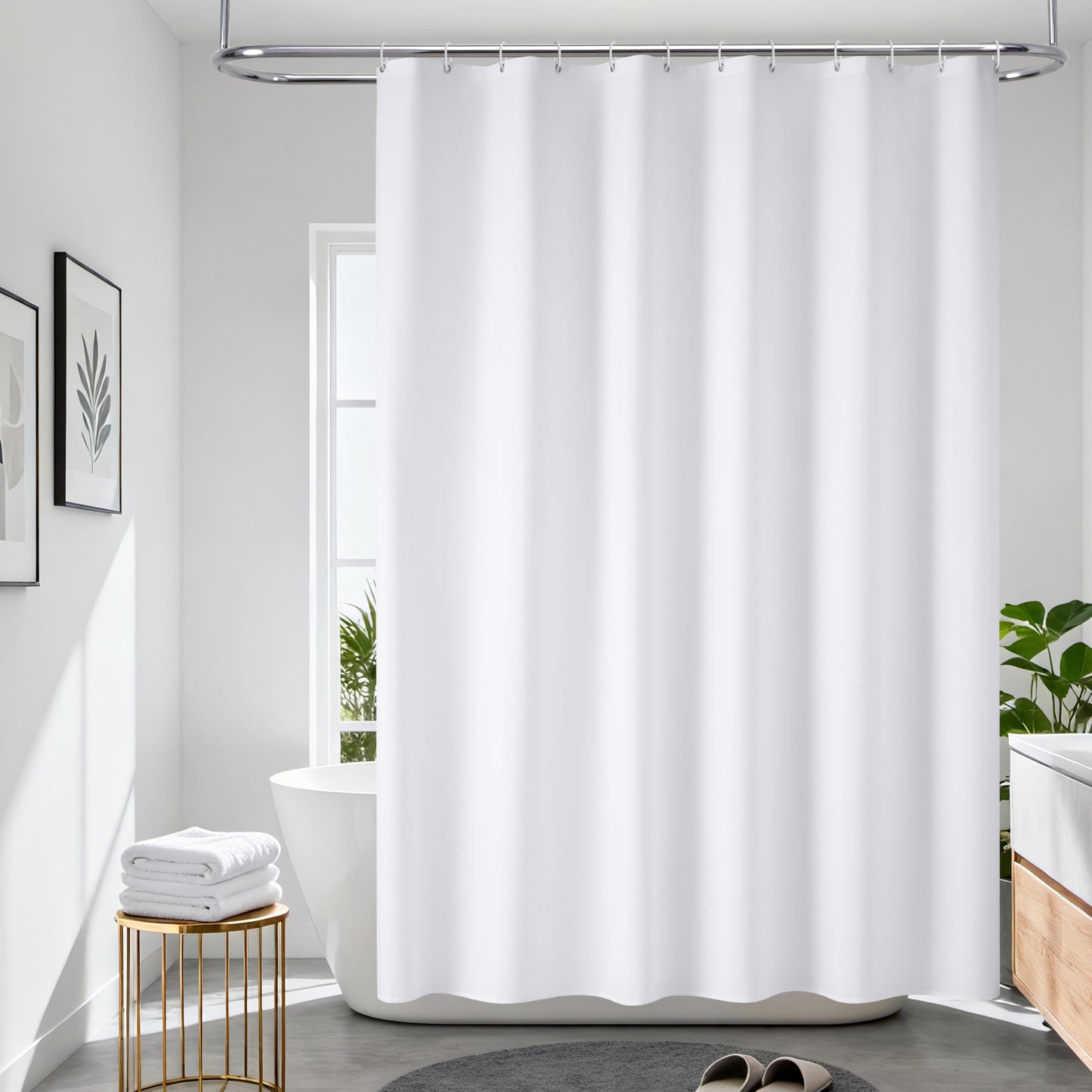 VANZAVANZU White Fabric Shower Curtain 180x200 cm with Hooks, 120GSM Ultimate Waterproof Shower Curtain, Mould Proof Resistant, Soft TPU Coating,