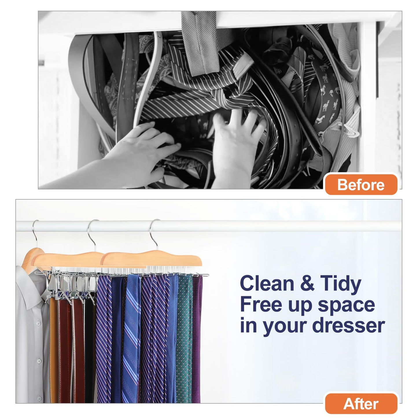TOPIA HANGER Tie Rack Hanger for Closet, Wooden Tie Organizer for Men with 24 Folding Hooks, Space Saving Necktie Holder for Storage and Display Bra