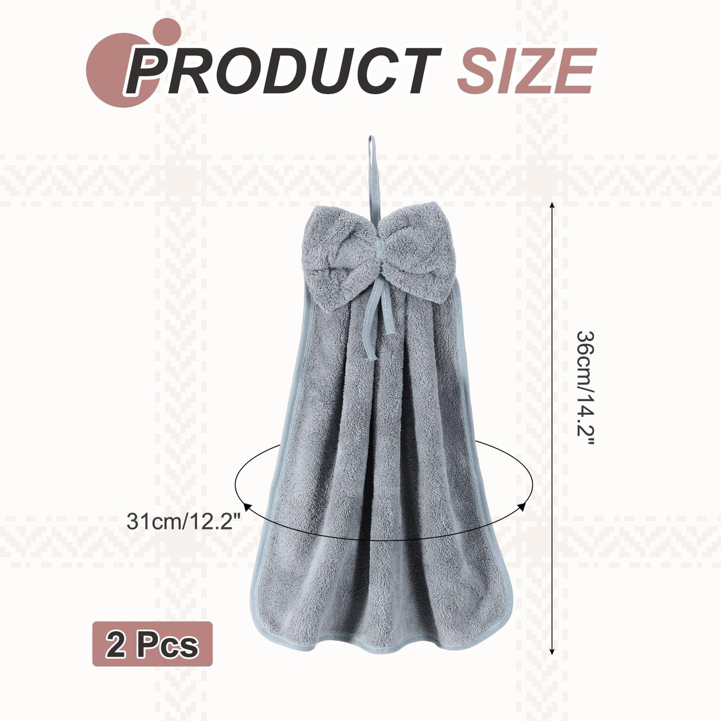 sourcing map 2Pcs Bow Hand Towels with Hanging Loop, 14.2" x 12.2" Soft Coral Fleece Microfiber Bowknot Hanging Hand Dry Towels Quick Dry and