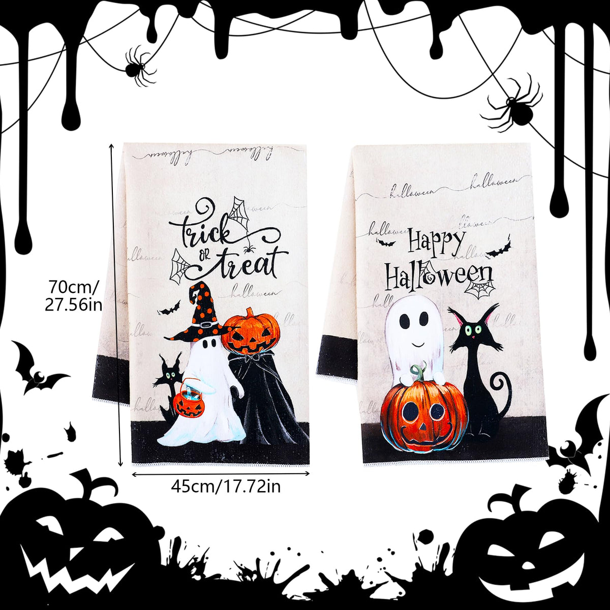 Dmnnlp 2 Pcs Halloween Kitchen Dish Towel, 45x70cm Pumpkin Ghost Black Cat Halloween Tea Towels Washcloths Cleaning Cloths
