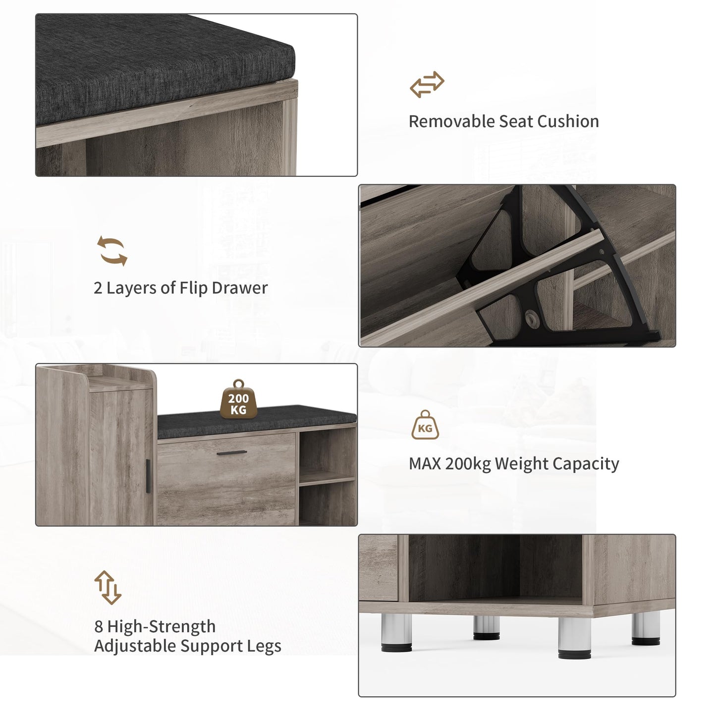 BonVache Shoe Storage Bench with Cushion, Brown Shoe Bench 105cm Lounge with 2 Shelves and 4 Compartments, Hallway Storage Unit with Seat, Living Room