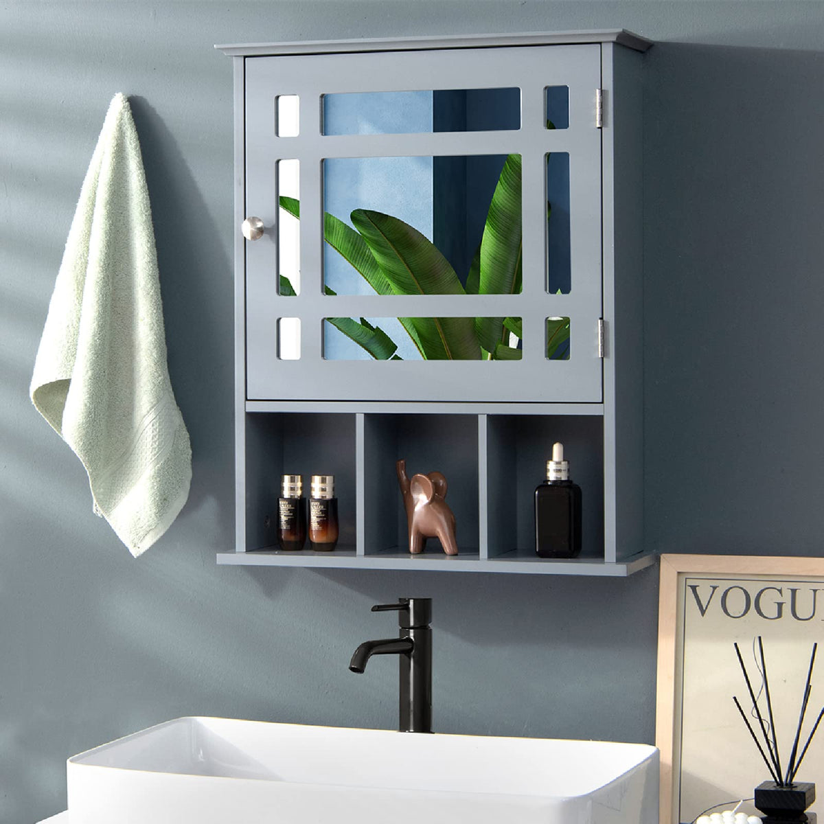 CASART Wall Mounted Bathroom Cabinet, Single Door Storage Mirrored Cupboard with Adjustable Shelf and 3 Open Compartments