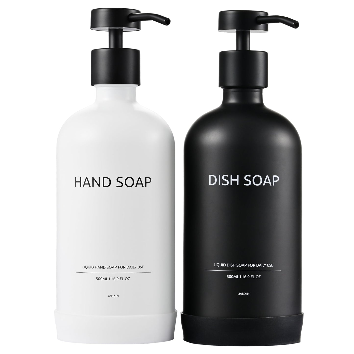 Janxin Set of 2 Glass Soap Dispenser 500 ml, Soap Dispenser Black Glass, Soap Dispenser White, and Non-Slip Silicone Protective Underlay (White and