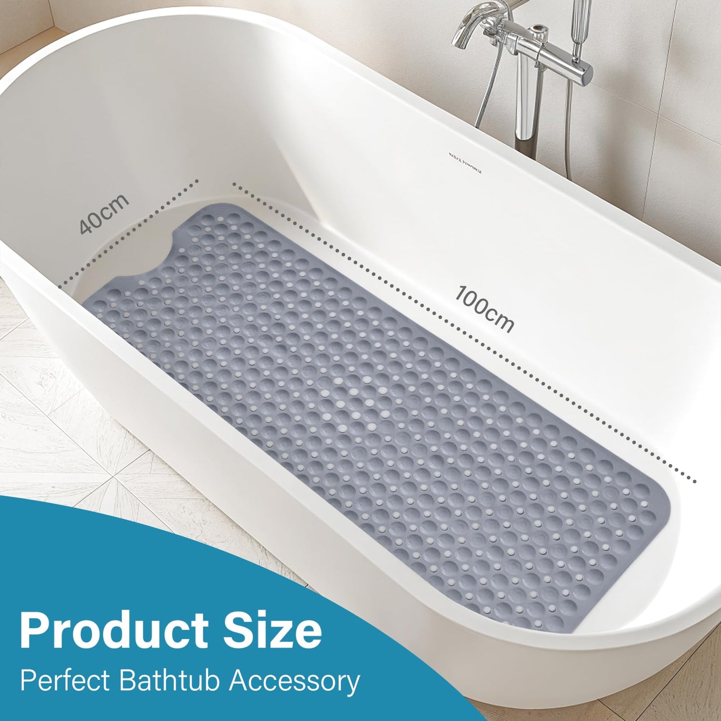 Smiry Non Slip Bath Mat with 300 Strong Suction Cups, 100x40cm