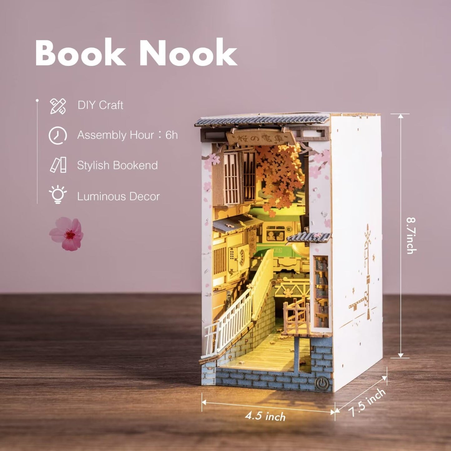 Rolife Sakura Densya Book Nook Kits for Adults DIY Miniature Kit with Light for Desk Library Bookshelf Decoration 3D Wooden Puzzle Booknook Model Kits