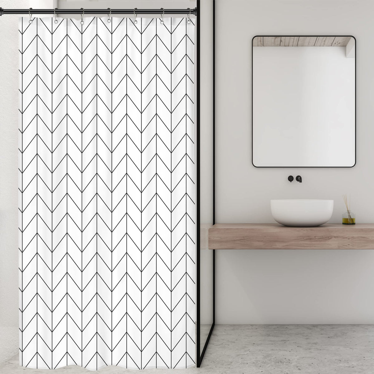 Riyidecor Small Stall 36Wx72H Inch Shower Curtain,Narrow RV Walkin Black White Herringbone Modern Bathroom Curtains,Half Stand Up Zig Zag Chevron
