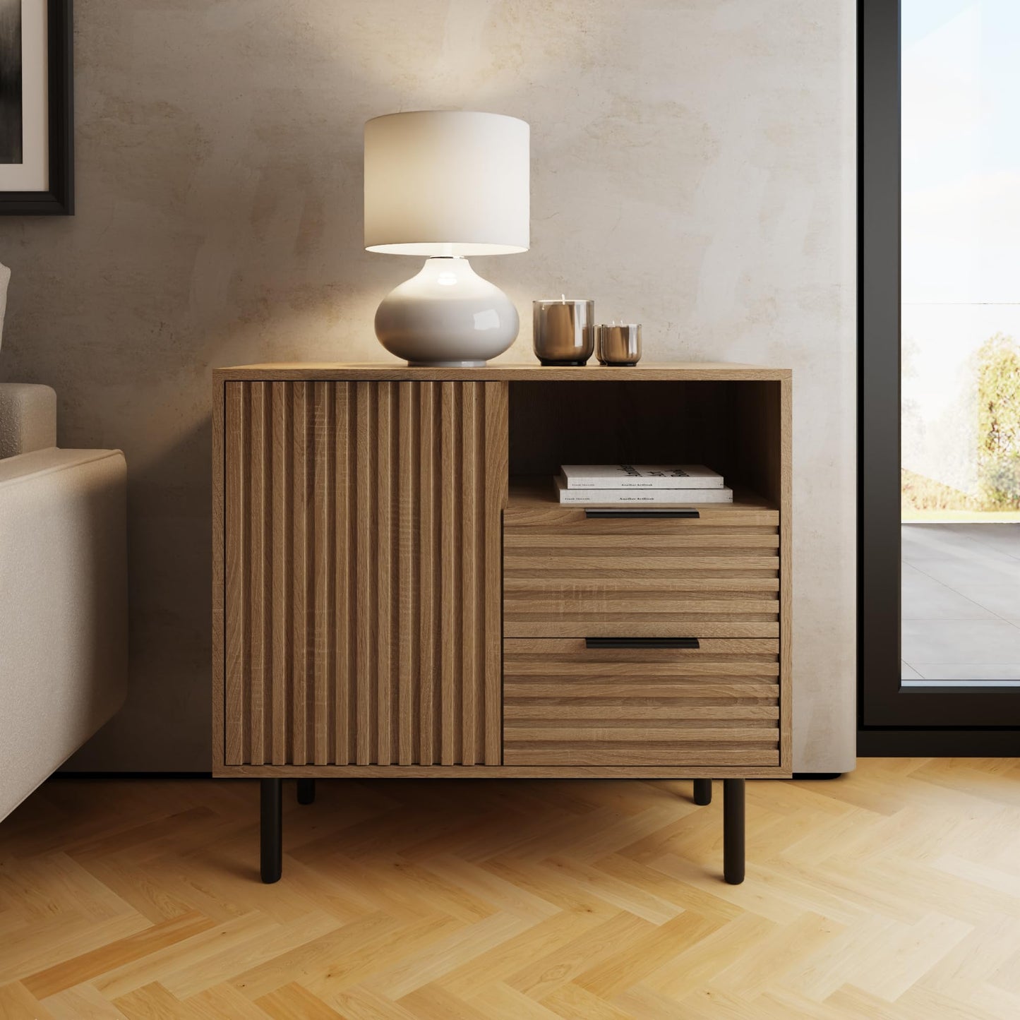 GFW Nervata Compact Sideboard with Drawers & Open Shelving, Modern Ribbed Storage Cabinet for Living Room or Hallway