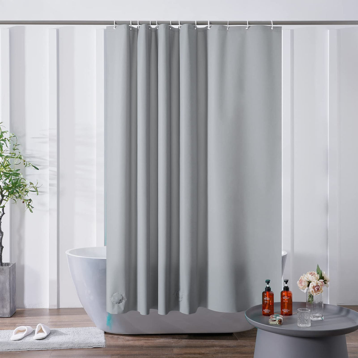 Furlinic Grey Shower Curtain Liner 180x180 cm Square Weighted Wet Room Shower Curtains Mould Proof Resistant Waterproof for Bathroom with 12 Hooks 72