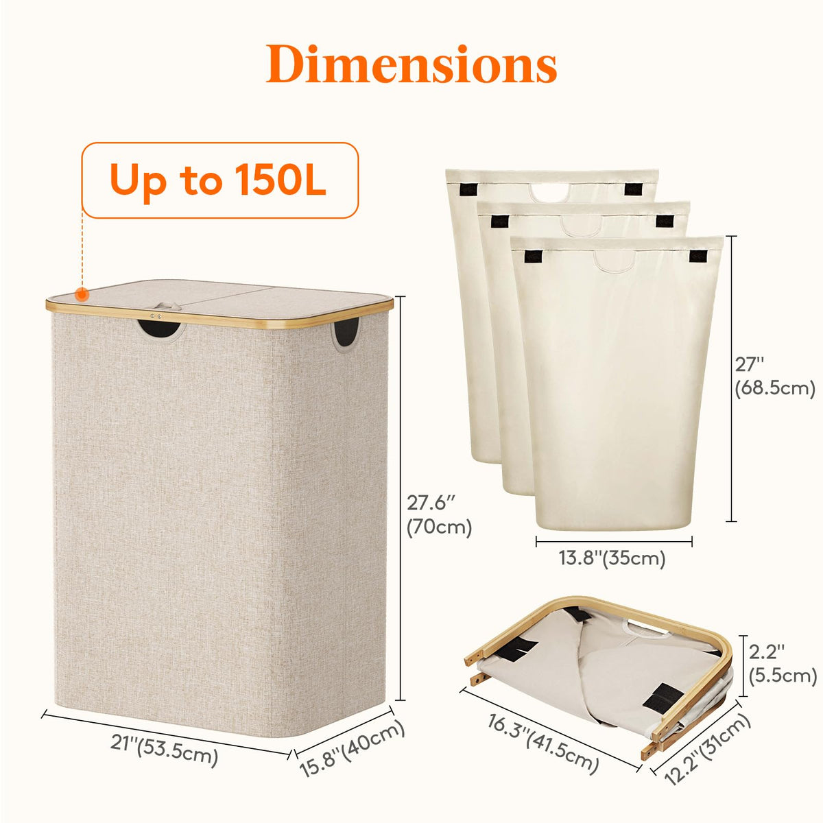 Lifewit 150L Laundry Basket with Lid 3 Compartments, Large Washing Basket with Removable Laundry Bags and Bamboo Handles, Clothes Hampers for Laundry,
