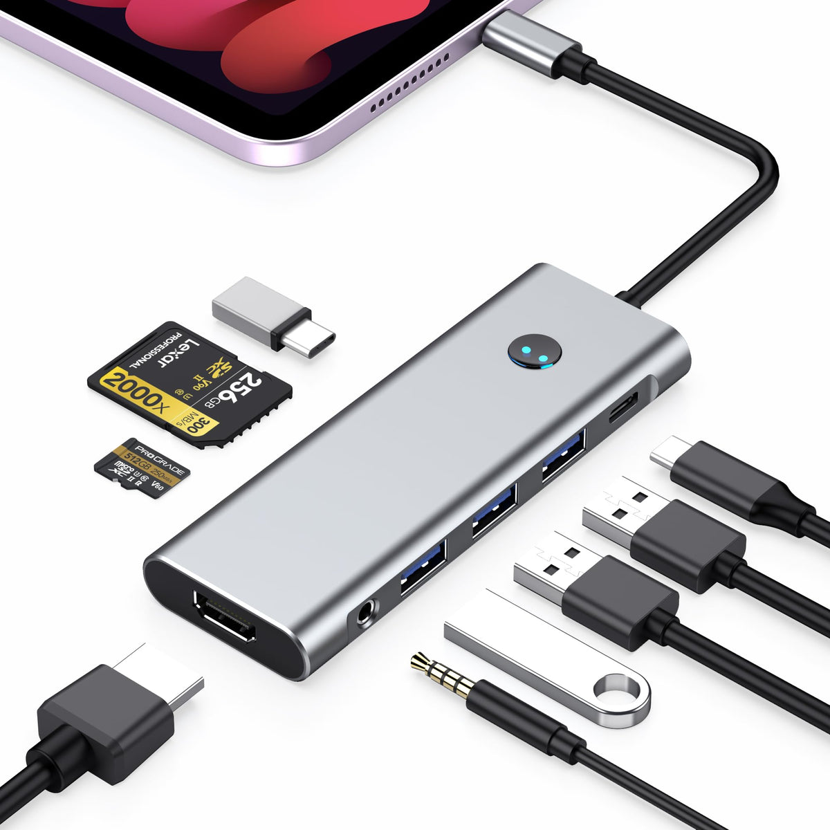 USB C HUB for iPad Pro Adapter 4K 60Hz HDMI, 100W PD, SD/TF Card Reader, 3 USB A Port, 3.5mm Audio Jack, 9 in 1 USB C Dock for iPad Air/Galaxy