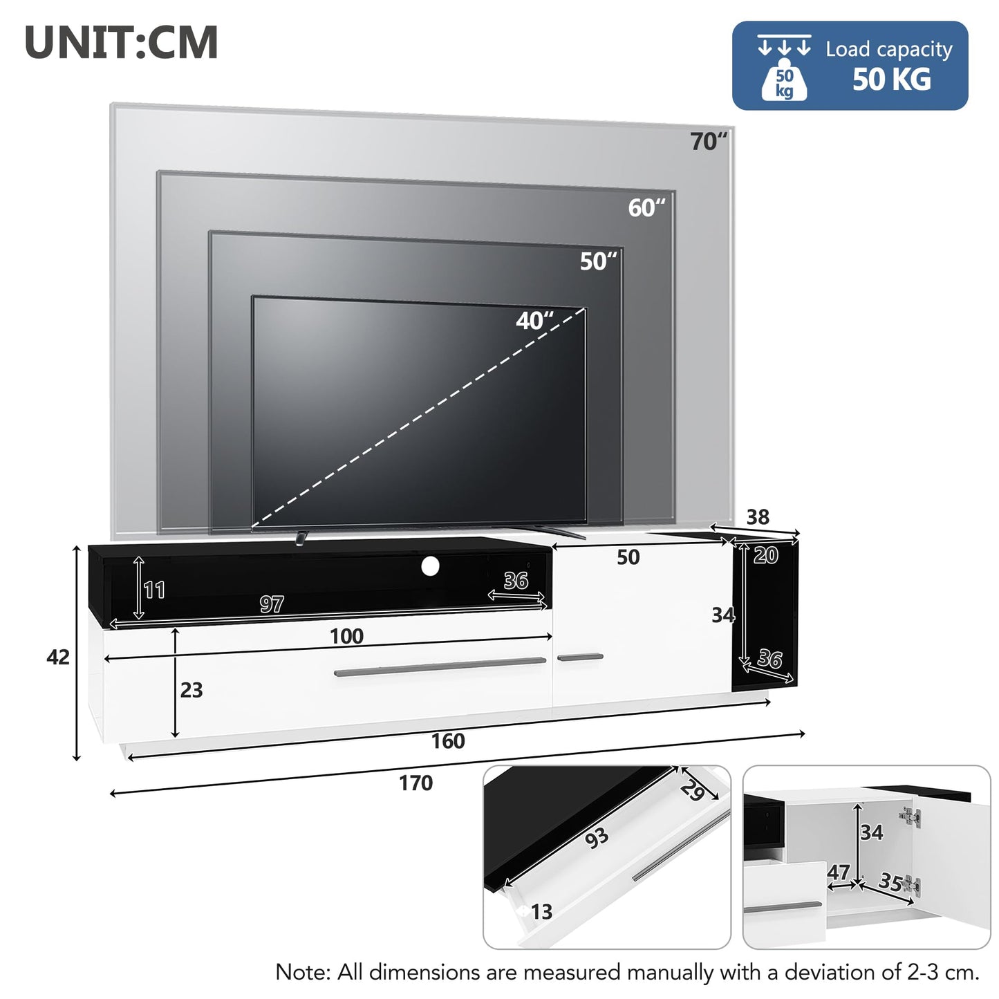 Ball & Cast Modern TV Cabinet with 1 Door, 1 Drawer and 2 Closed Storage Spaces, High Gloss TV Stand for TV up to 70 Inch, 170x38x42cm