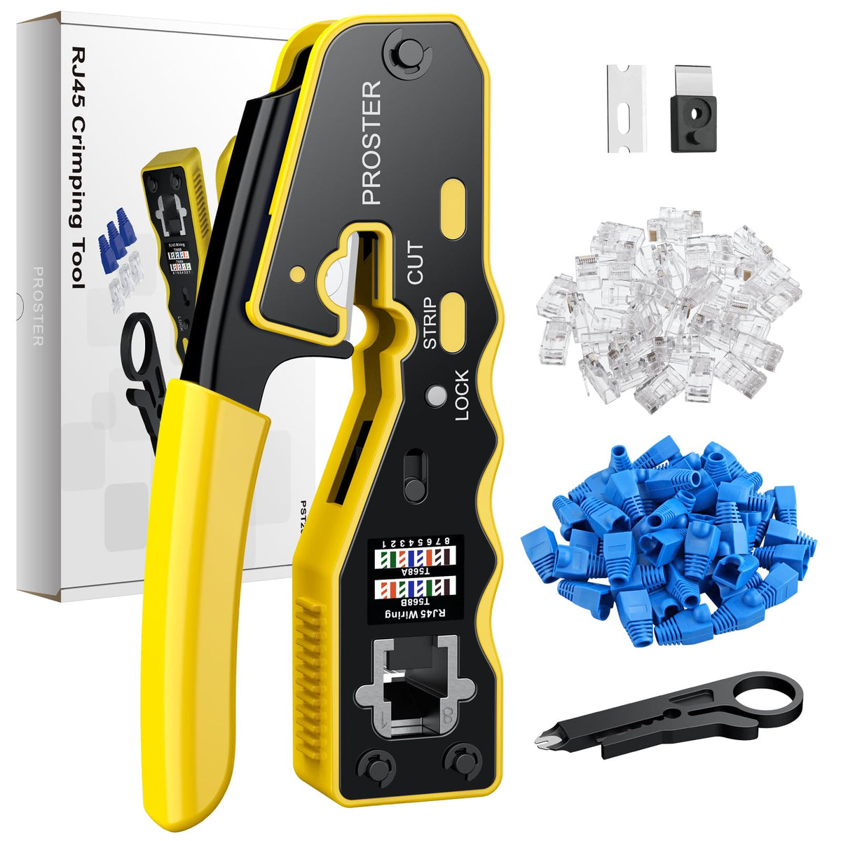 Proster RJ45 Crimp Tool Kit - Pass Through RJ45 Crimper for Cat6 Cat6a Cat5 Cat5e with 50 PCS CAT6 Pass Through Connectors 50 PCS Cat6 Protection
