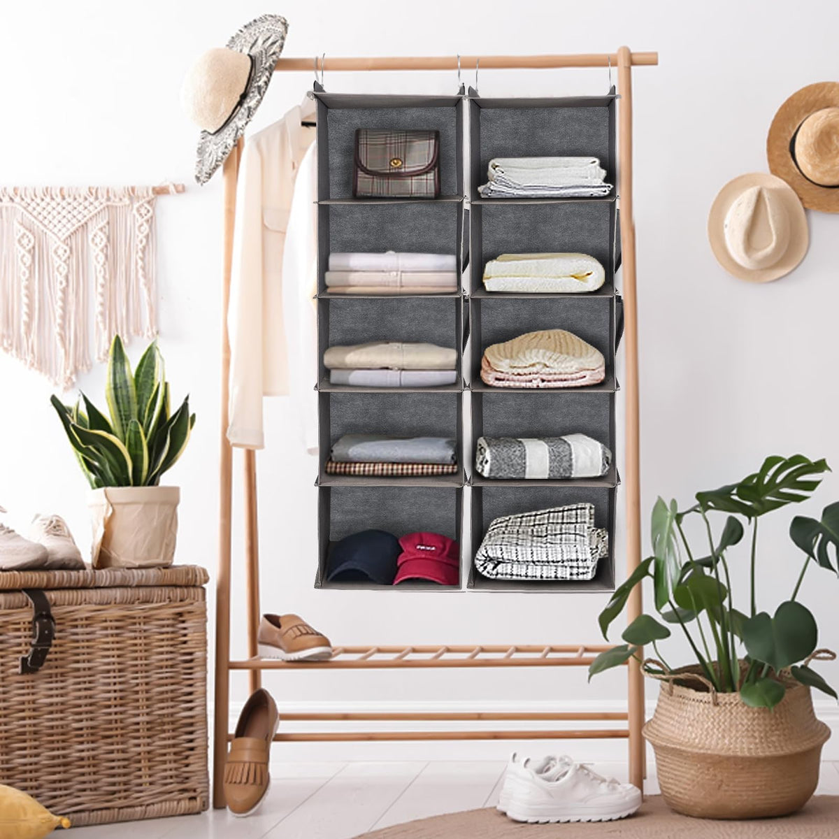 DPWEION Hanging Storage Shelves with 5 Shelves Foldable Hanging Wardrobe Closet Organiser Unit with 2 Side Pockets for Clothes Accessories for