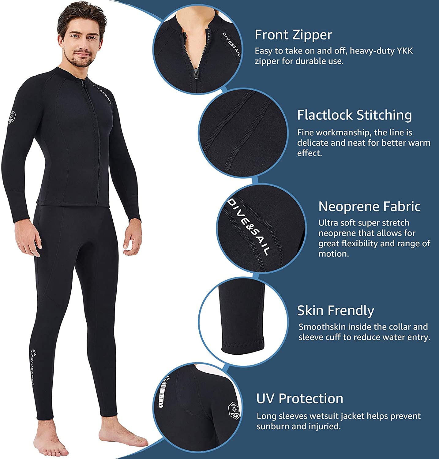 EUPTE 2mm Wetsuits Women/Men Long Sleeve Jacket UPF50+ UV Protection Diving Skin Suit Top for Scuba Diving Snorkeling Surfing Swimming (men, XL)