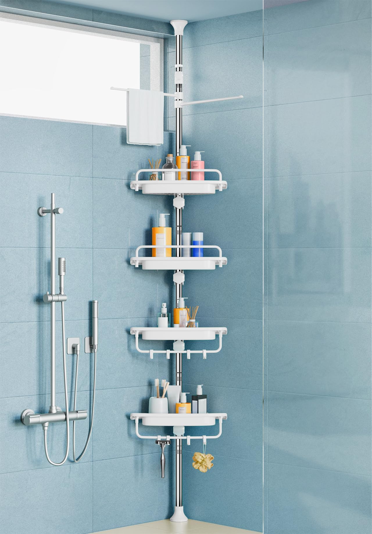 XLHOMO 32-122inch Corner Shower Caddy Tension Pole White, Rustproof Drill-Free Shower Shelves for Bathroom Bathtub Washbasin, Adjustable Shower