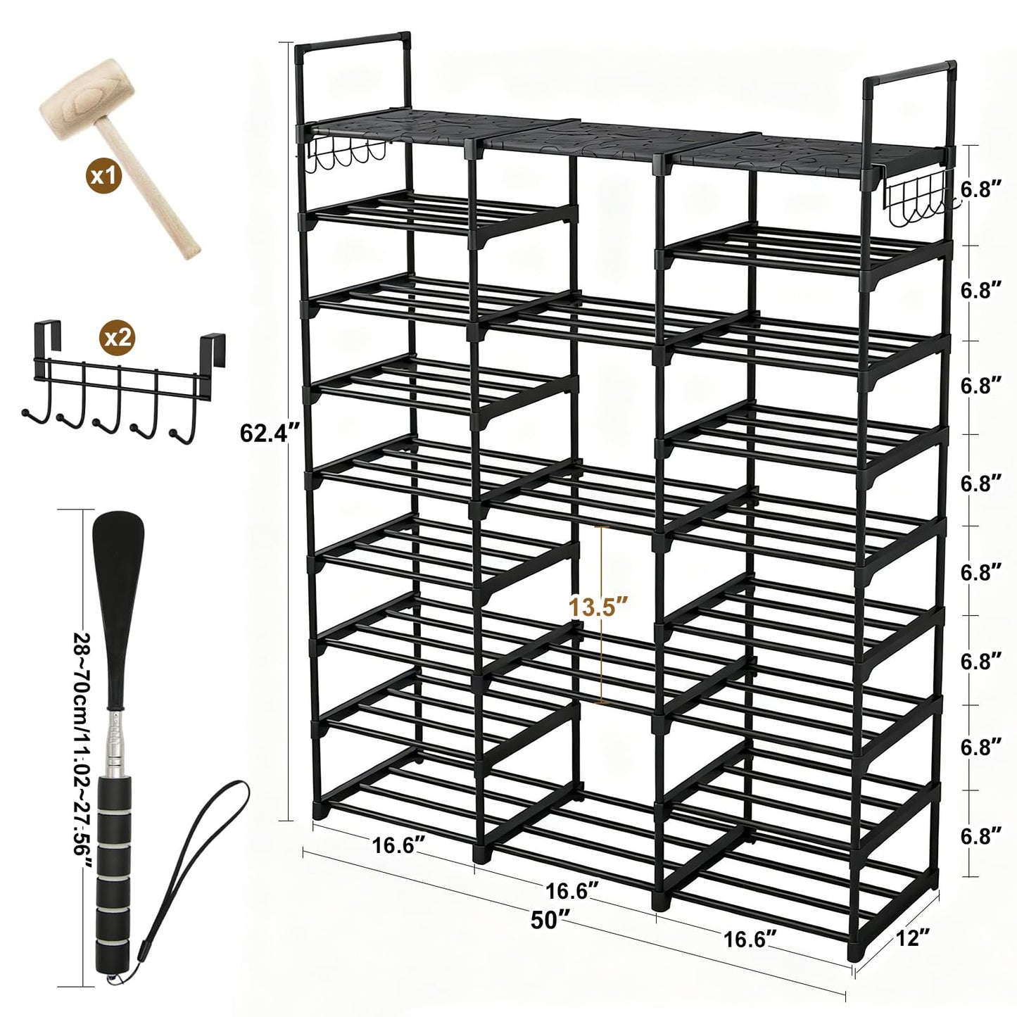 9-Tier Shoe Rack with Telescopic Shoe Horn – Large Capacity Metal Shoe Storage for 50+ Pairs