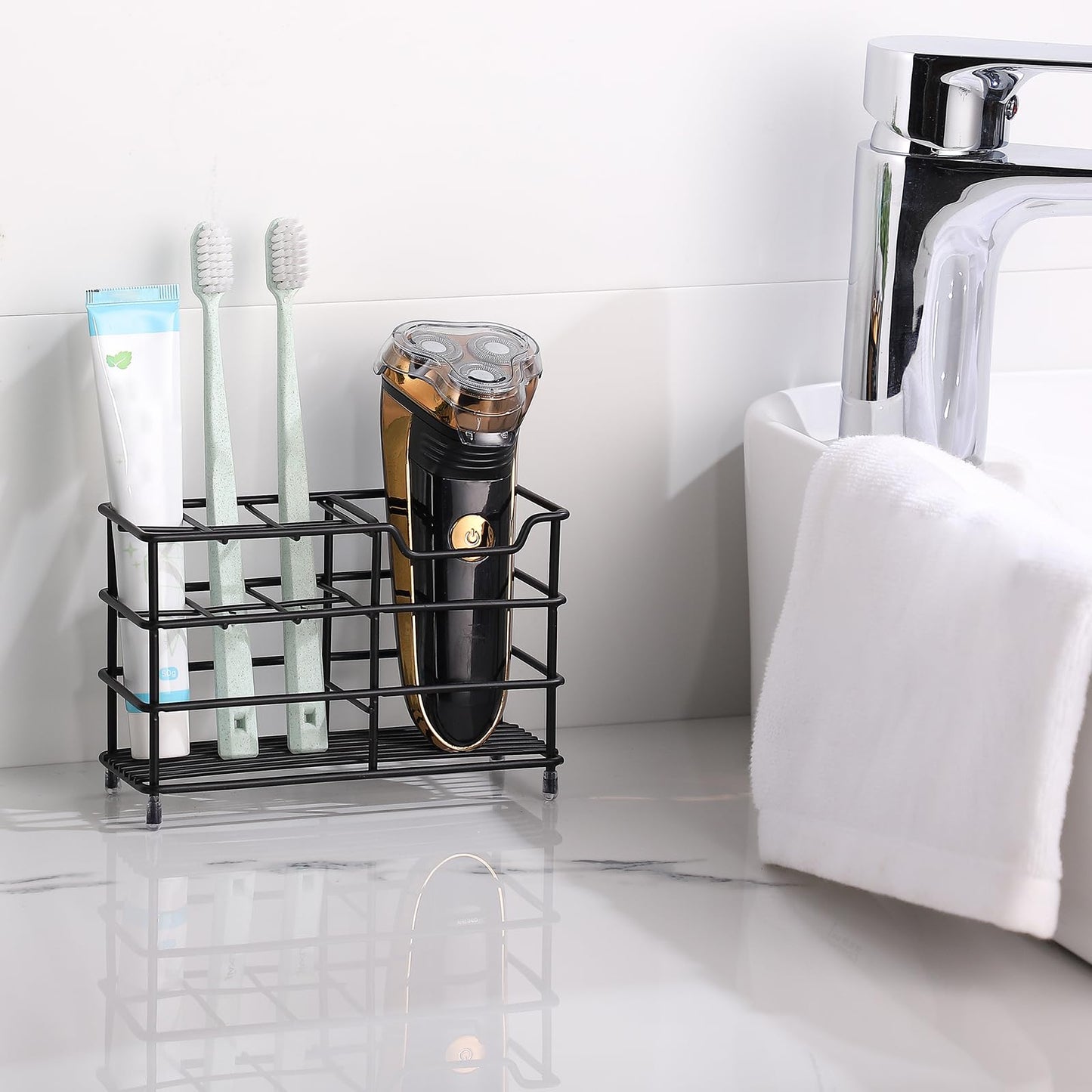 ANMEISH Toothbrush holder Wall Mounted,Black Bathroom Stainless Steel Toothbrush Caddy,7 Multifunctional Slots Toothpaste Holder Organizer Stand