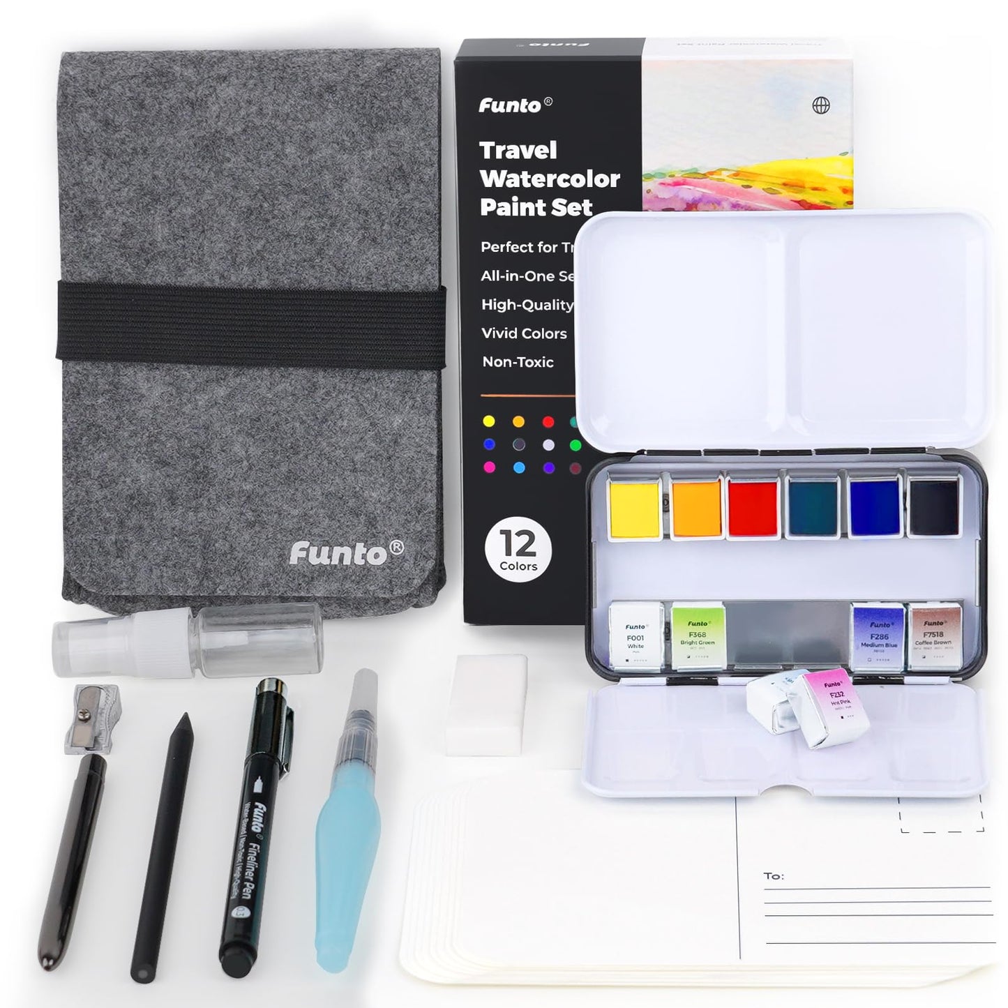 Funto Travel Watercolour Set, 12-Colour Paint, 10 Premium Postcards, Travel Brush, Water Brush Pen, Fineliner, Pencil, and Spray Bottle, Painting Set