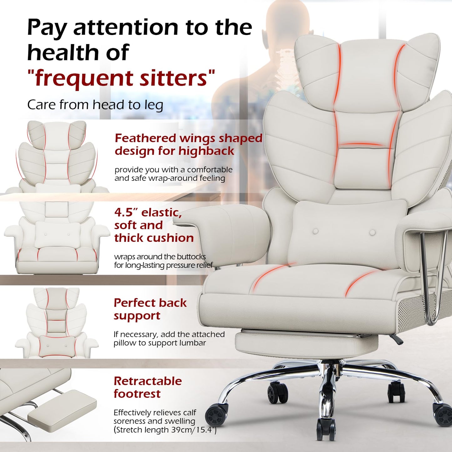 naspaluro High Back PU Leather Ergonomic Computer Recliner, Big Tall Executive Desk Office Chair with Armrests/Footrest