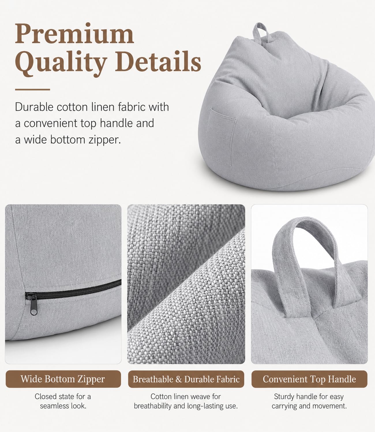Highdi Kids Bean Bag Without Fillings - Cotton Linen Durable & Comfortable, Light Grey Storage Bean Bag Chair for Living Room/Gaming Room