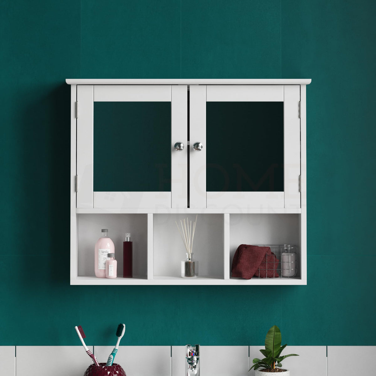 Bath Vida Priano Double Door Mirrored Bathroom Cabinet Storage Shelves Wall Mounted, White