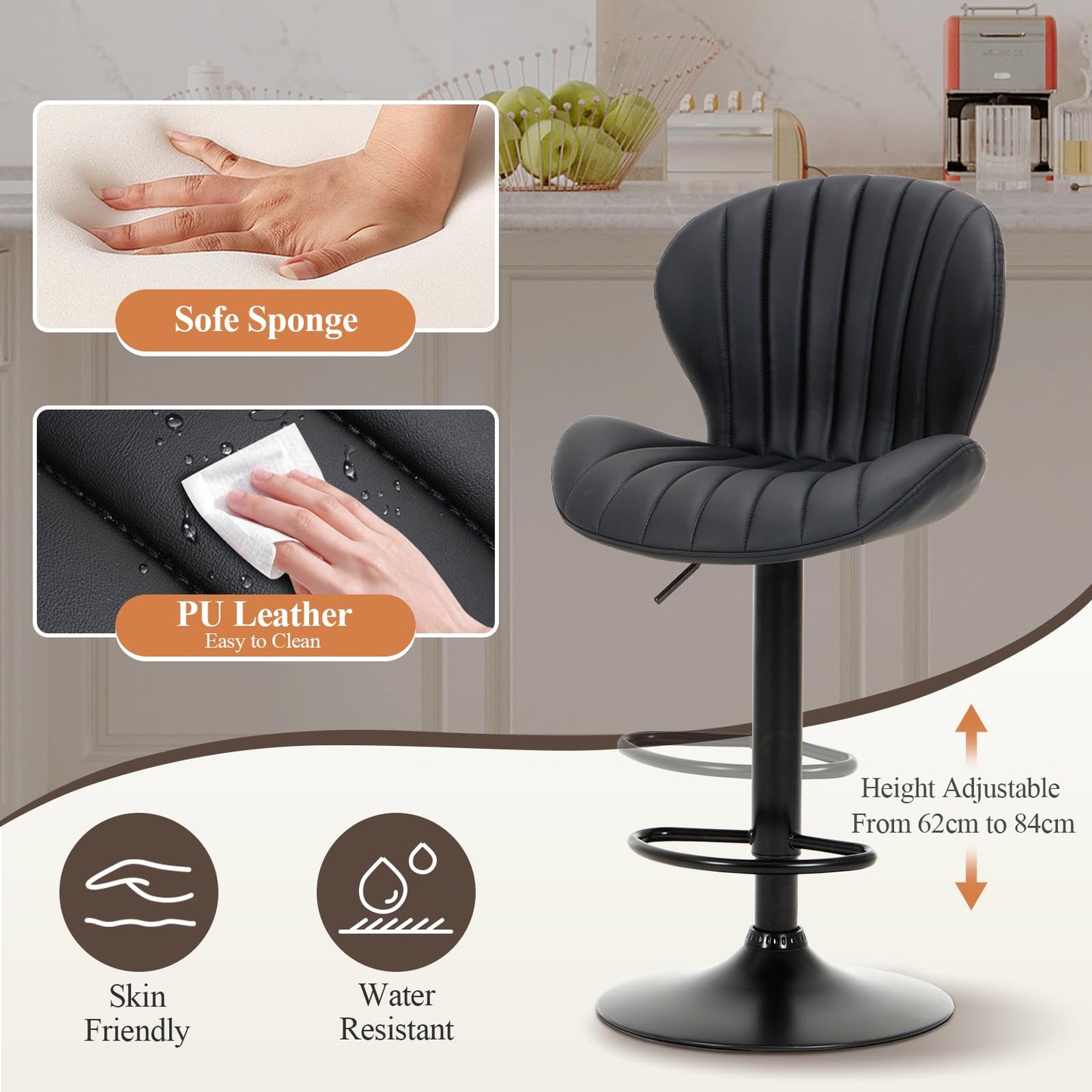 COLAMY Breakfast Bar Stools Set of 4, Modern Swivel Kitchen Bar Chairs, Adjustable PU Leather Upholstered Barstools Counter Height with High Backrest