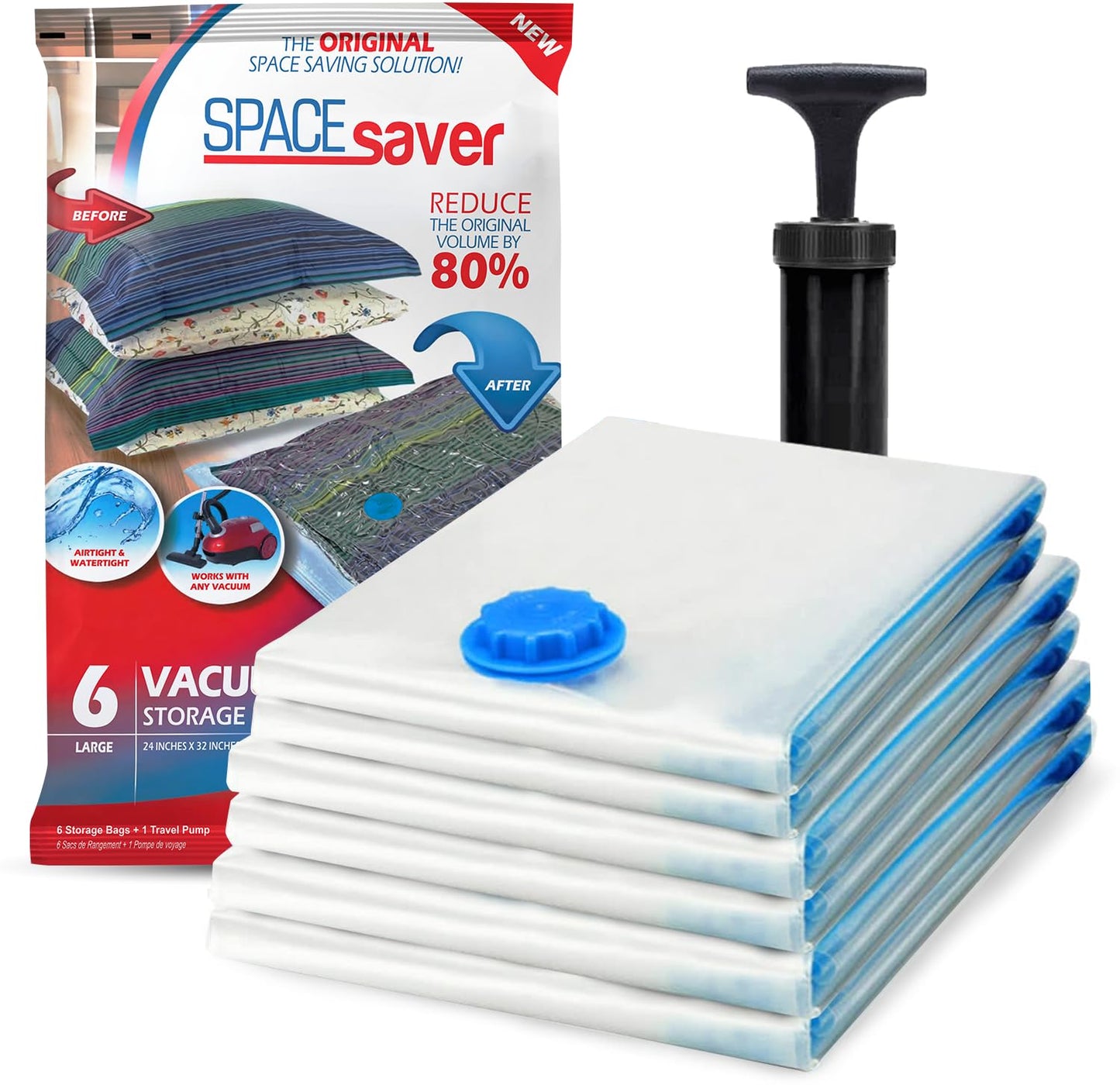 Set of 6 - Large Vacuum Storage Bags for Clothes and Bedding - SpaceSaver Compression Seal Bags with Pump - Travel and Closet Organizer Solution