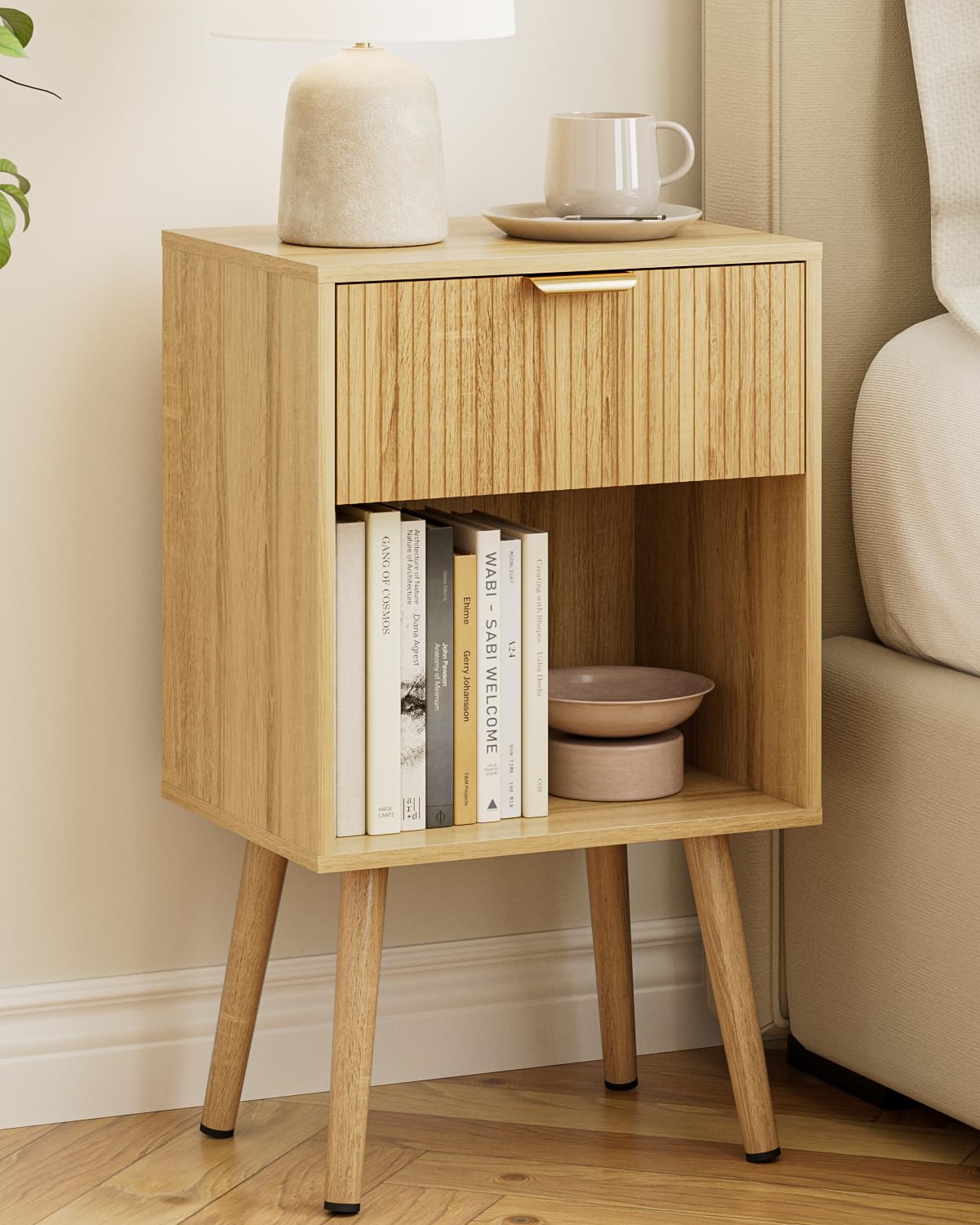 Apetaccat Bedside Table, Nightstand with Drawer and Storage Shelf, Oak
