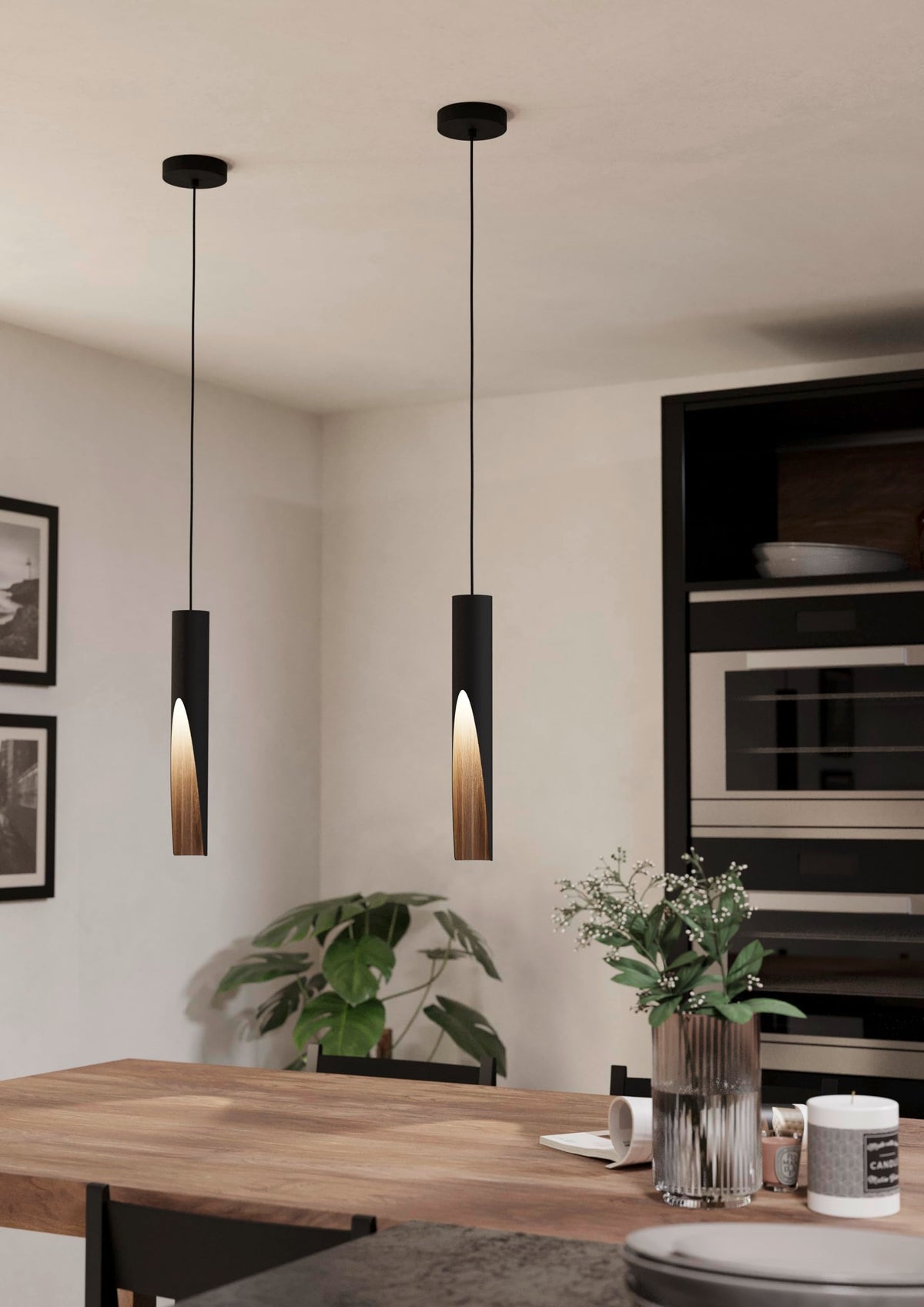 Eglo LED Pendant Lighting Barbotto, Hanging lamp with indirect Lighting, Metal Ceiling Light Fixture in Black and Wood Look, GU10 Bulb, Warm White,