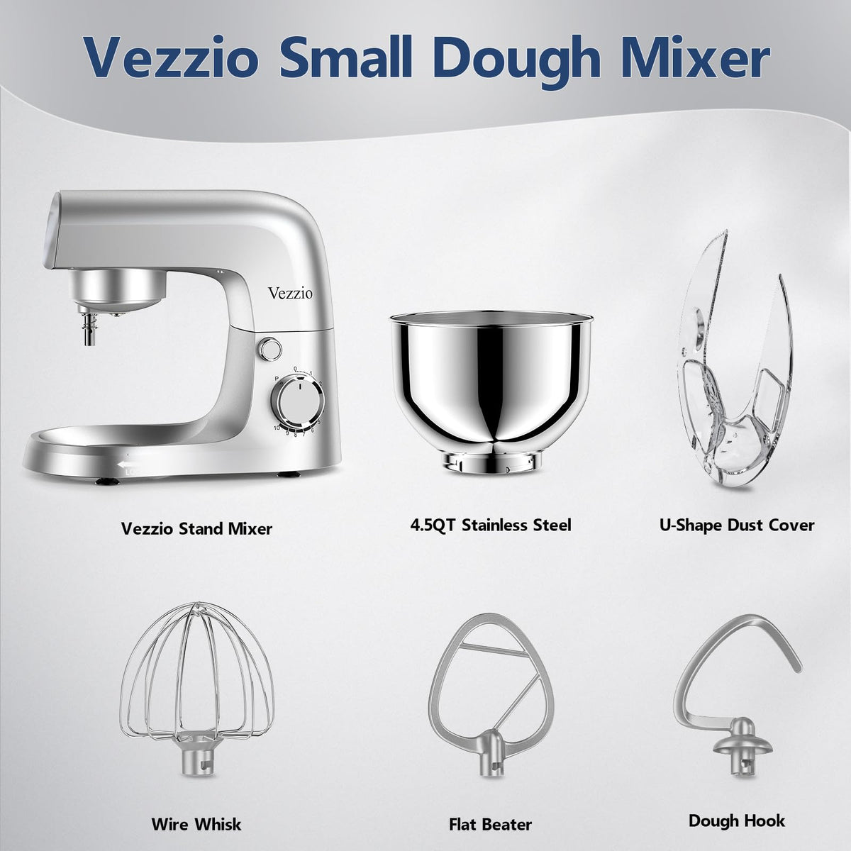 Vezzio Small Stand Mixer,4.5 liters Food Mixers for Baking,1500W 10-Speed Kitchen Cake Mixers,Electric Kitchen Mixers with Small form-factor, Easy to