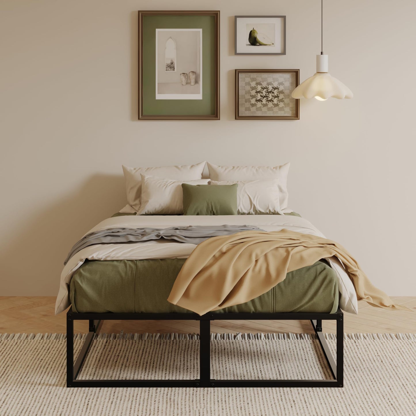 EMODA Small Double Bed Frame 36cm High with Steel Slats Support, Black
