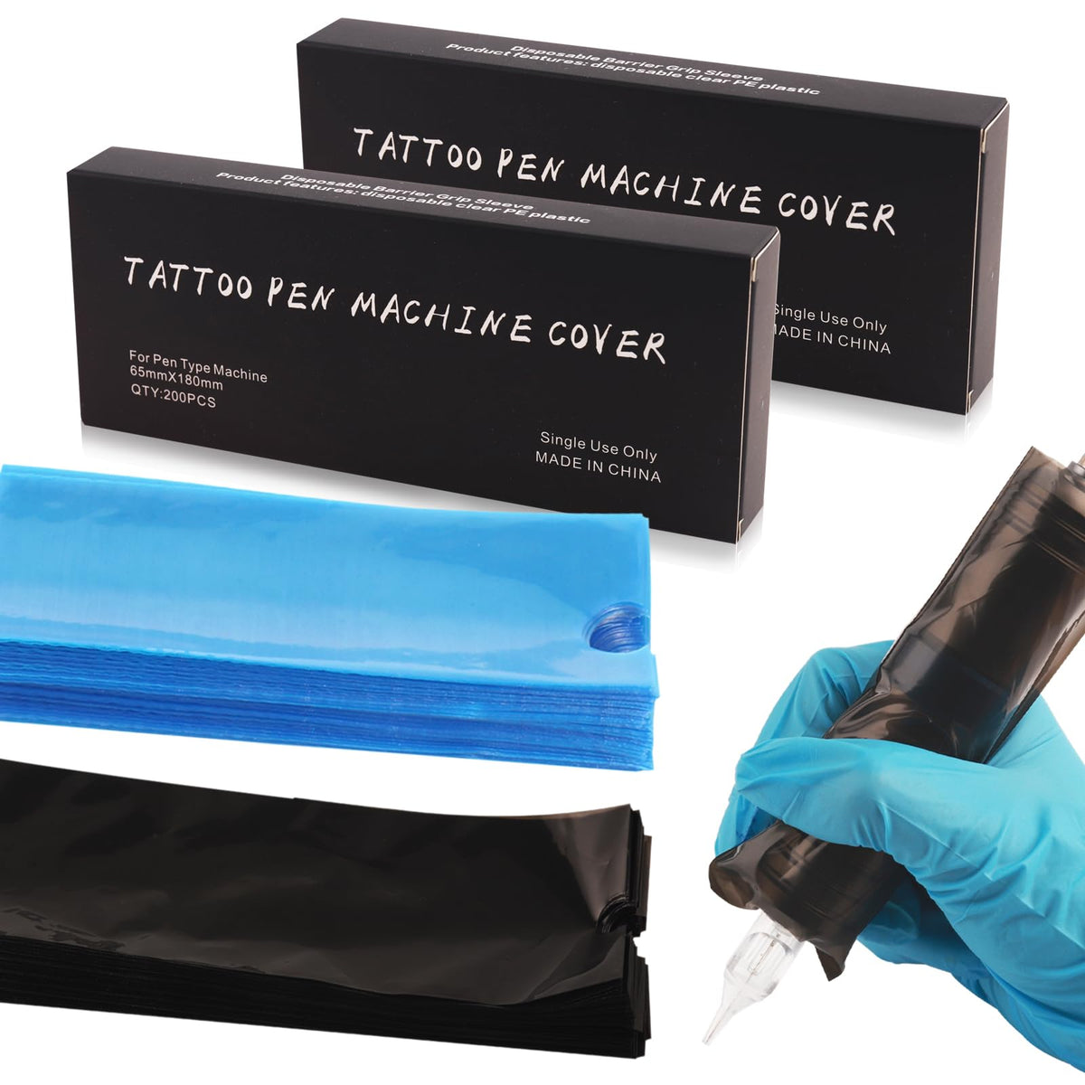 Rayyl 400pcs Large Tattoo Pen Sleeves, 2.5 X 7 inch Disposable Tattoo Machine Bags for Tattoo Kit Supply (Black and Blue)