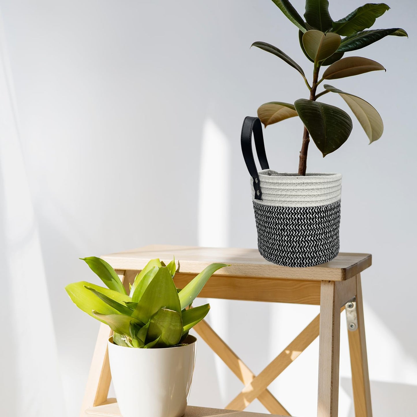 SOQKEEN Hanging Storage Baskets 2 Pack, Cotton Rope Basket, Black & White